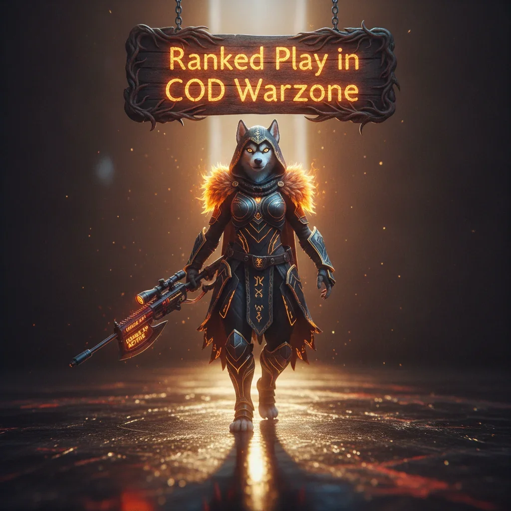 A fantasy game-inspired artwork featuring an anthropomorphic Husky character, wearing a stylized outfit, related to competitive Ranked Play content and ranking progression in a mystical setting.