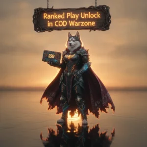Fantasy artwork of an anthropomorphic husky in ornate fantasy attire, set in a grand, game-inspired environment, representing the content and objectives for unlocking Ranked Play access.