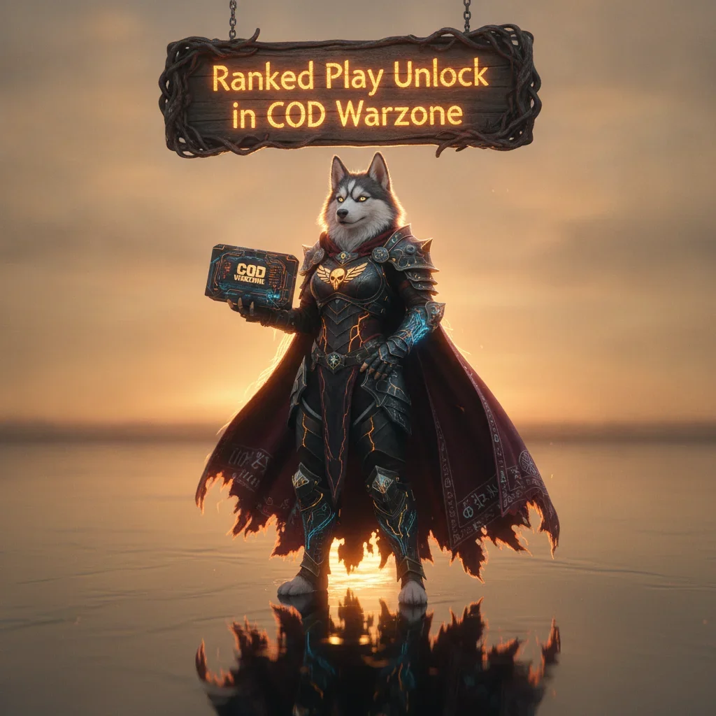 Fantasy artwork of an anthropomorphic husky in ornate fantasy attire, set in a grand, game-inspired environment, representing the content and objectives for unlocking Ranked Play access.