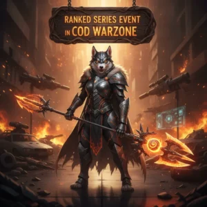 An anthropomorphic Husky character, clad in detailed fantasy armor, featured in artwork themed around competitive ranked series event challenges and objectives in a fantasy game.