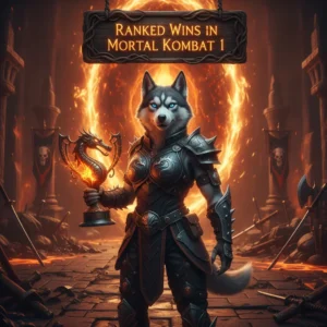 Fantasy artwork featuring an anthropomorphic husky character in an arena, themed around competitive ranked match objectives and victory in a fighting game setting.