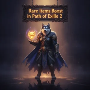 Anthropomorphic Husky in fantasy armor, surrounded by glowing rare items in an ancient ruin. Artwork represents Path of Exile 2's item acquisition.