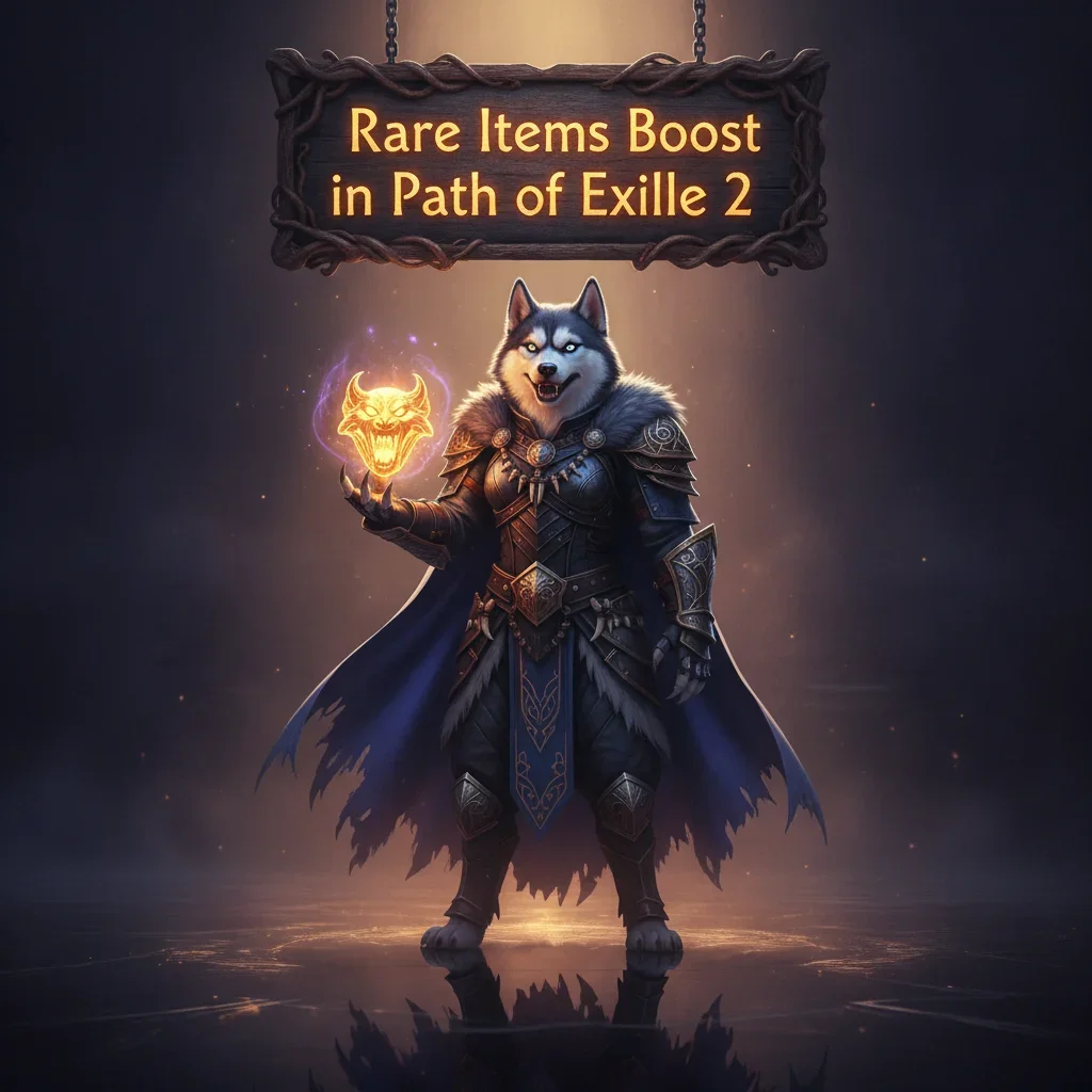 Anthropomorphic Husky in fantasy armor, surrounded by glowing rare items in an ancient ruin. Artwork represents Path of Exile 2's item acquisition.