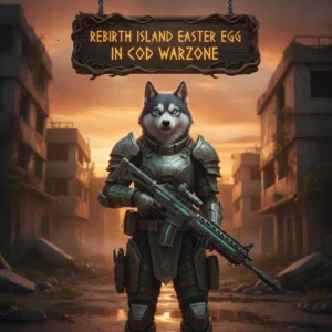 An anthropomorphic Husky character in fantasy armor within a game-inspired island setting. This artwork represents Rebirth Island Easter Egg content, associated boosts, and challenges related to obtaining unique rewards.