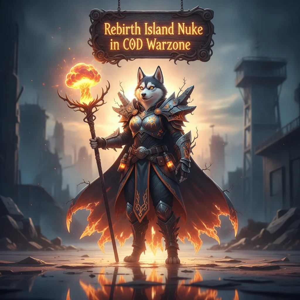 An anthropomorphic Husky in ornate fantasy armor stands on a mystical island, representing a grand strategic objective and its decisive completion.