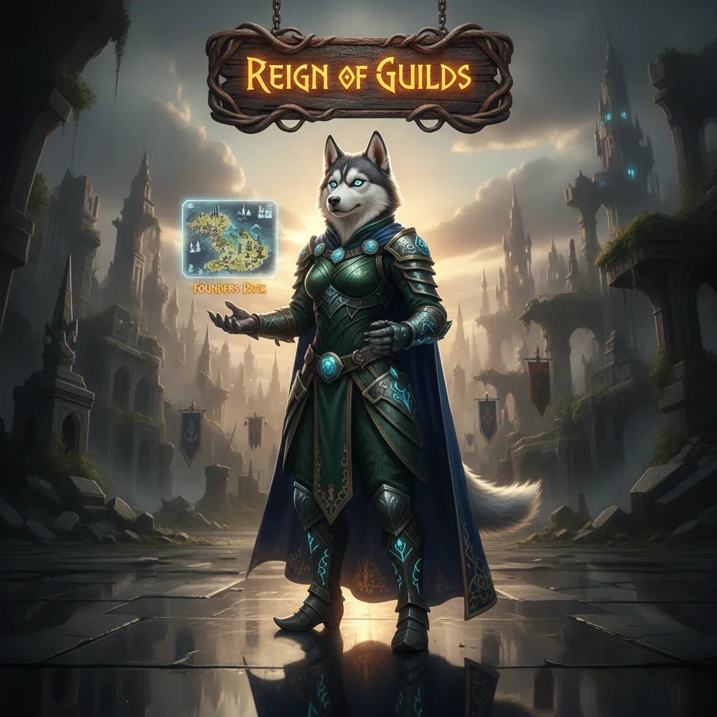 Fantasy artwork featuring an anthropomorphic Husky in armor, inspired by Reign of Guilds game content and guild objectives.