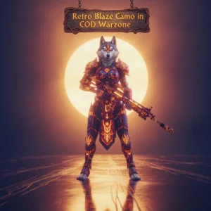 Fantasy artwork featuring an anthropomorphic husky character in a retro blaze themed armor set, representing cosmetic equipment customization content and unique visual unlocks.