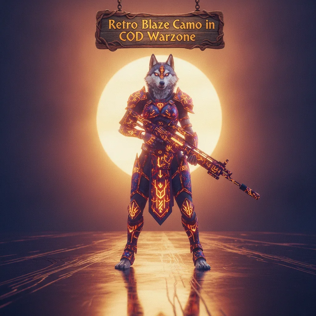 Fantasy artwork featuring an anthropomorphic husky character in a retro blaze themed armor set, representing cosmetic equipment customization content and unique visual unlocks.