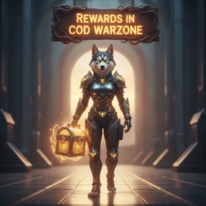 An anthropomorphic Husky in fantasy armor, set in an epic, game-inspired environment, representing enhanced game rewards and bonus content.