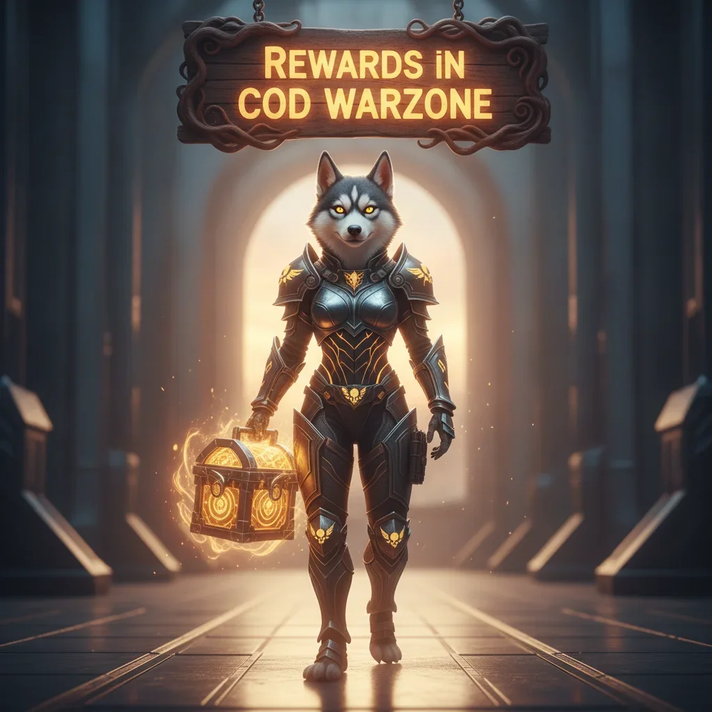 An anthropomorphic Husky in fantasy armor, set in an epic, game-inspired environment, representing enhanced game rewards and bonus content.
