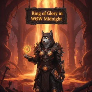 Fantasy artwork features an anthropomorphic Husky character in ornate armor within a mystical, dark environment, inspired by 'Ring of Glory' objectives in 'WoW Midnight' game content.