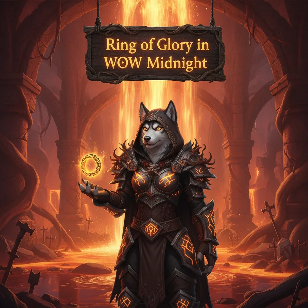 Fantasy artwork features an anthropomorphic Husky character in ornate armor within a mystical, dark environment, inspired by 'Ring of Glory' objectives in 'WoW Midnight' game content.
