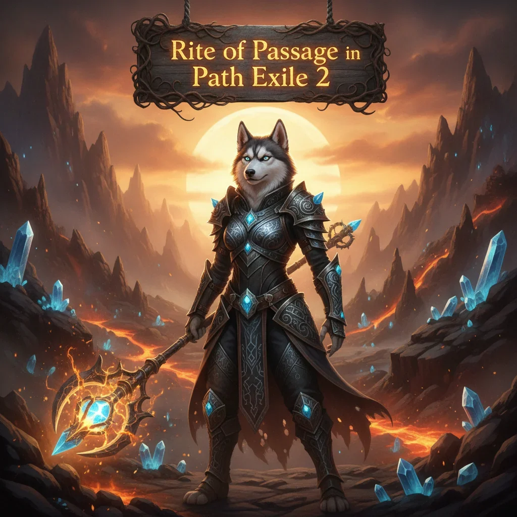An anthropomorphic husky character in fantasy armor, standing in a dark fantasy environment, representing content related to a significant rite of passage in Path of Exile 2.