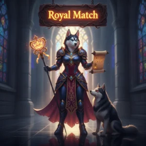 Fantasy game artwork featuring an anthropomorphic Husky in ornate royal attire, set against a whimsical castle backdrop.