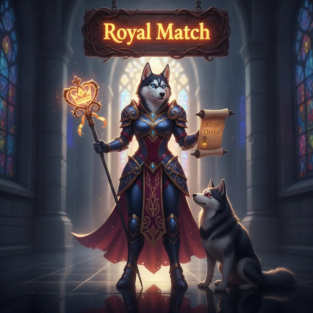 Fantasy game artwork featuring an anthropomorphic Husky in ornate royal attire, set against a whimsical castle backdrop.