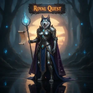 A fantasy game-inspired artwork featuring an anthropomorphic Husky character in armor, representing Royal Quest boosting services and game content.