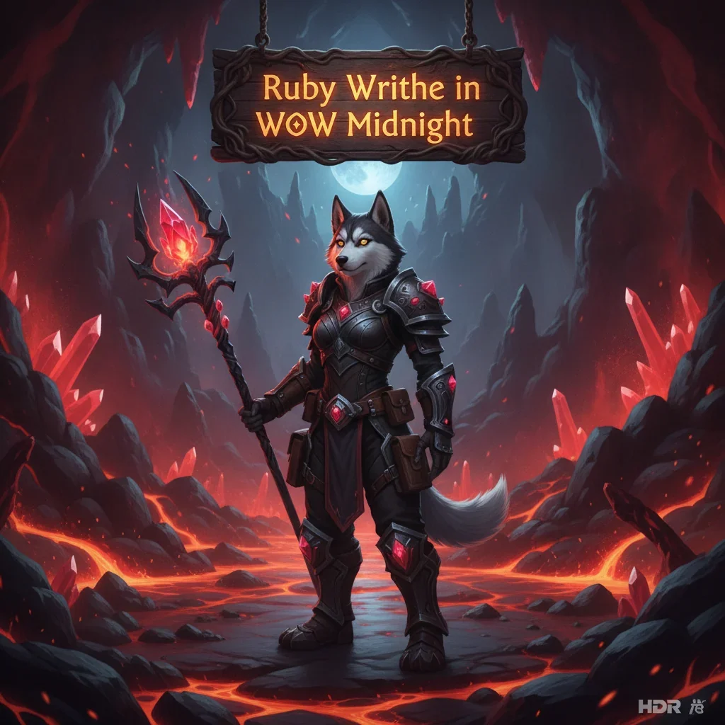 Fantasy artwork featuring an anthropomorphic Husky character in elaborate fantasy armor within a dark, mystical environment, representing Ruby Writhe challenges in World of Warcraft's Midnight theme.