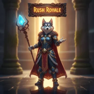 An anthropomorphic Husky character in fantasy armor, representing Rush Royale content and related objectives.