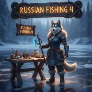 An anthropomorphic husky character in fantasy attire, fishing in a serene, game-inspired river setting.