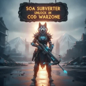Fantasy artwork featuring an anthropomorphic Husky character, adorned in intricate armor and robes, set within a dynamic game-inspired environment, representing content for a specific weapon unlock.