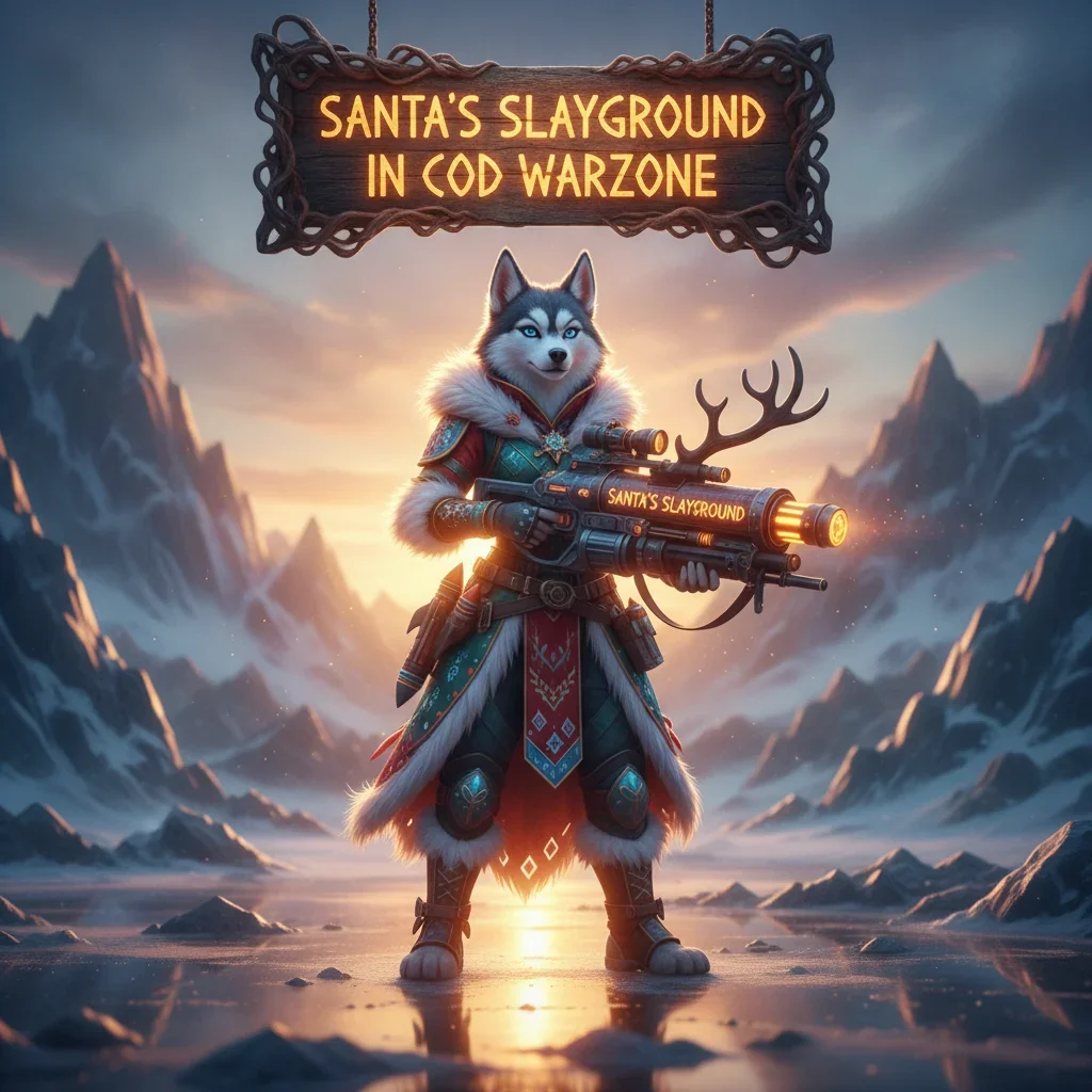 Fantasy artwork of an anthropomorphic husky in a winter-themed combat outfit, representing Santa's Slayground event content and seasonal objectives in COD Warzone.