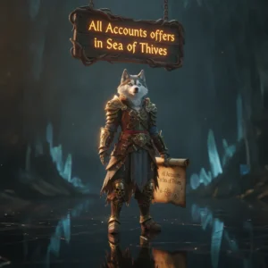 An anthropomorphic Husky character, wearing pirate-themed fantasy clothing, stands in a vibrant, game-inspired environment related to Sea of Thieves.