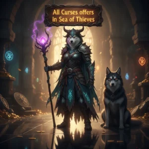 Anthropomorphic Husky character in fantasy pirate attire, set in a Sea of Thieves inspired environment with mystical blue light.