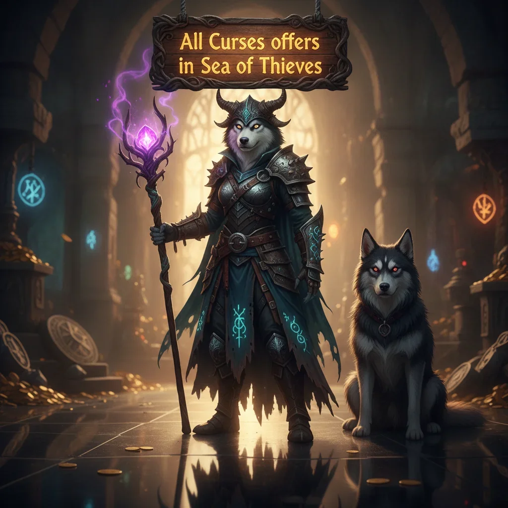 Anthropomorphic Husky character in fantasy pirate attire, set in a Sea of Thieves inspired environment with mystical blue light.