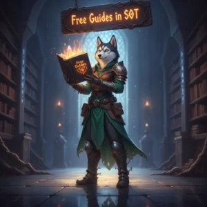 An anthropomorphic husky pirate character stands on a ship deck, with a compass in hand, sailing on a stormy sea.