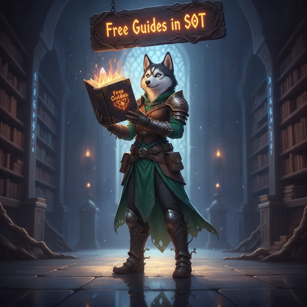 An anthropomorphic husky pirate character stands on a ship deck, with a compass in hand, sailing on a stormy sea.