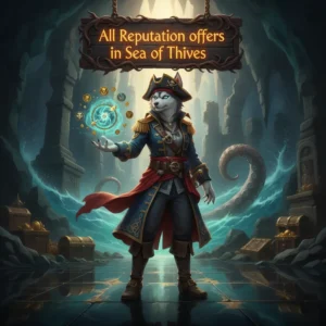 A fantasy game-inspired image featuring an anthropomorphic Husky character in pirate attire, surrounded by elements of the Sea of Thieves world.