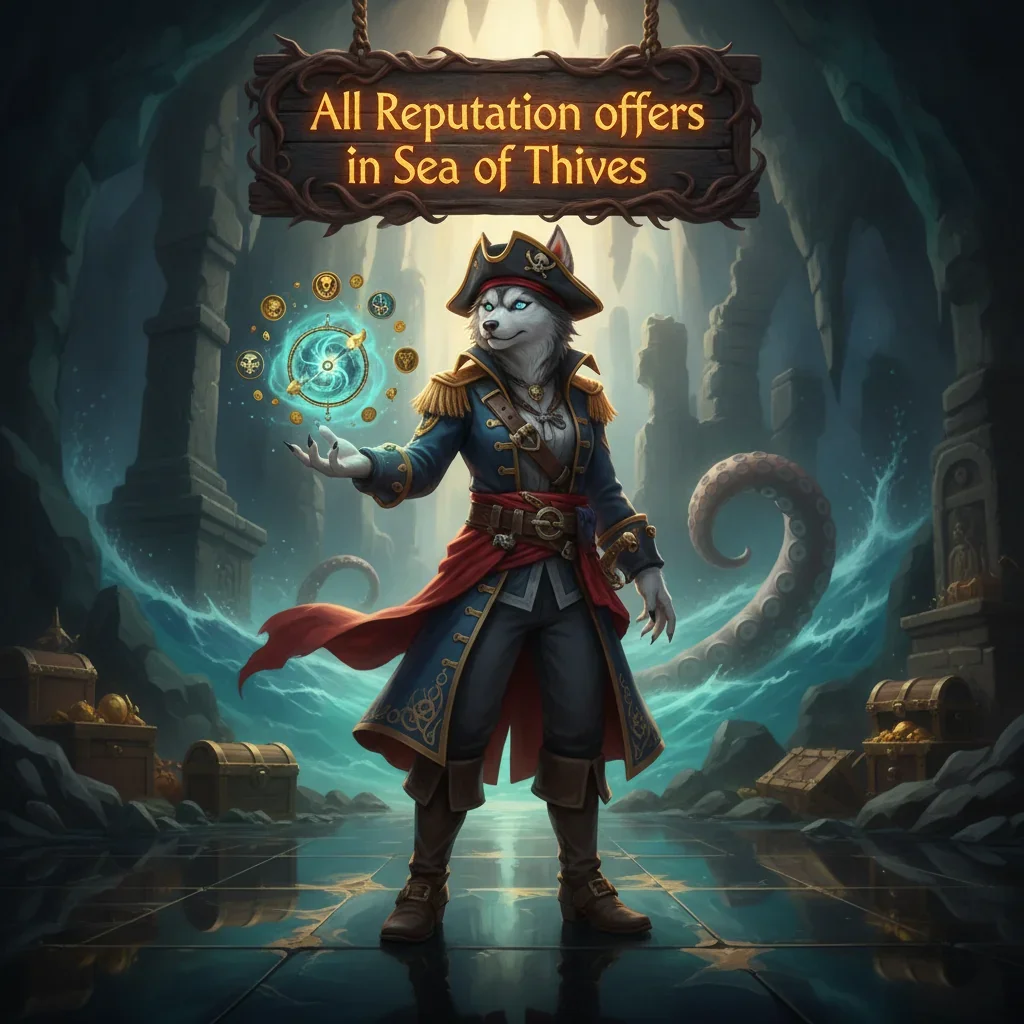 A fantasy game-inspired image featuring an anthropomorphic Husky character in pirate attire, surrounded by elements of the Sea of Thieves world.