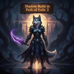 An anthropomorphic Husky character in fantasy armor stands amidst a dark, mystical environment, representing Shadow build optimization and character progression content in Path of Exile 2.