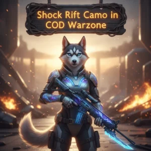 An anthropomorphic Husky warrior in fantasy armor, themed around Shock Rift Camo boost objectives and weapon customization content in COD Warzone. The artwork features a game-inspired environment.
