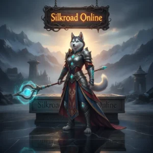 An anthropomorphic Husky character in fantasy armor, inspired by Silkroad Online boosting services and game content.