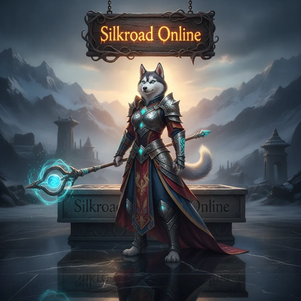 An anthropomorphic Husky character in fantasy armor, inspired by Silkroad Online boosting services and game content.