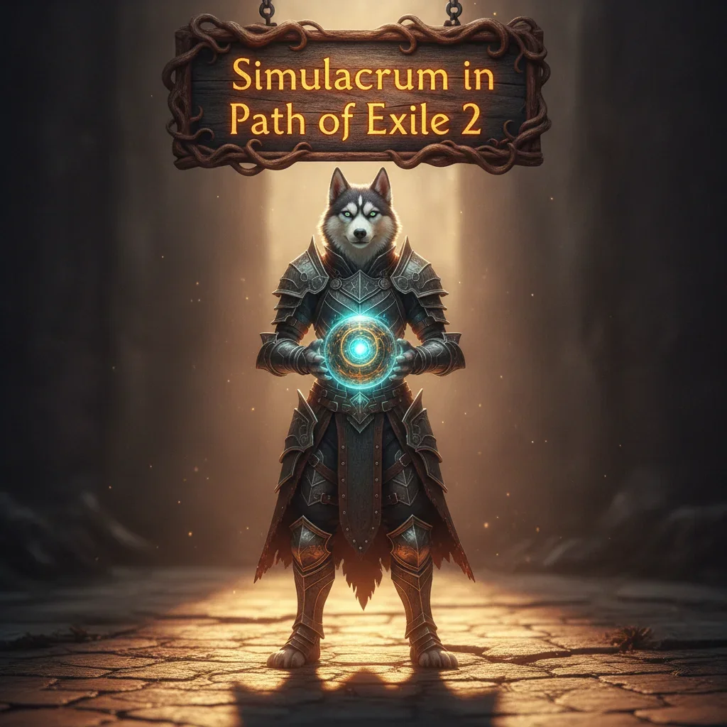 Anthropomorphic Husky character in fantasy armor, set in a dark, mystical environment. This fantasy artwork is themed around Path of Exile 2 Simulacrum endgame content.