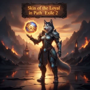 Fantasy artwork featuring an anthropomorphic Husky character, wearing intricate fantasy armor, representing the 'Skin of the Loyal' item acquisition and character progression in Path of Exile 2.