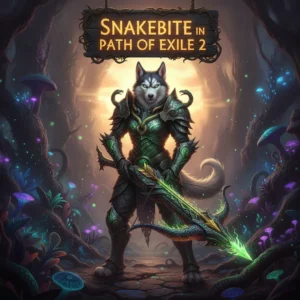 Fantasy artwork of an anthropomorphic Husky in dark fantasy armor, within a grim Path of Exile 2 environment, representing Snakebite content.