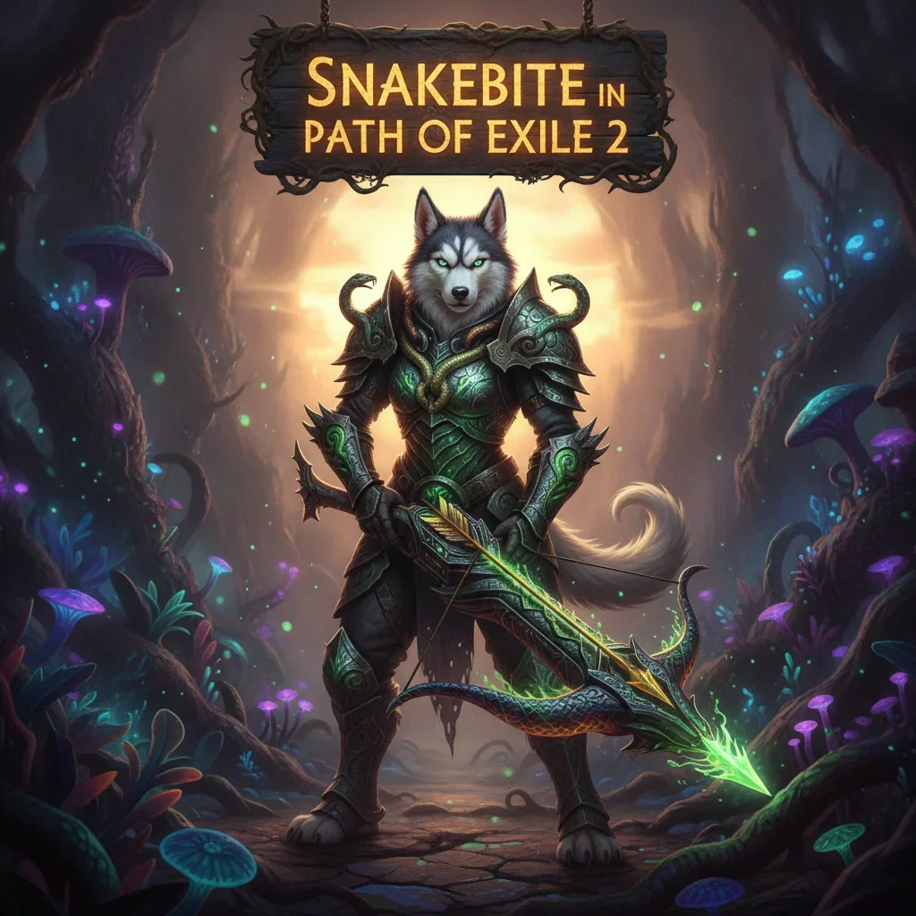Fantasy artwork of an anthropomorphic Husky in dark fantasy armor, within a grim Path of Exile 2 environment, representing Snakebite content.