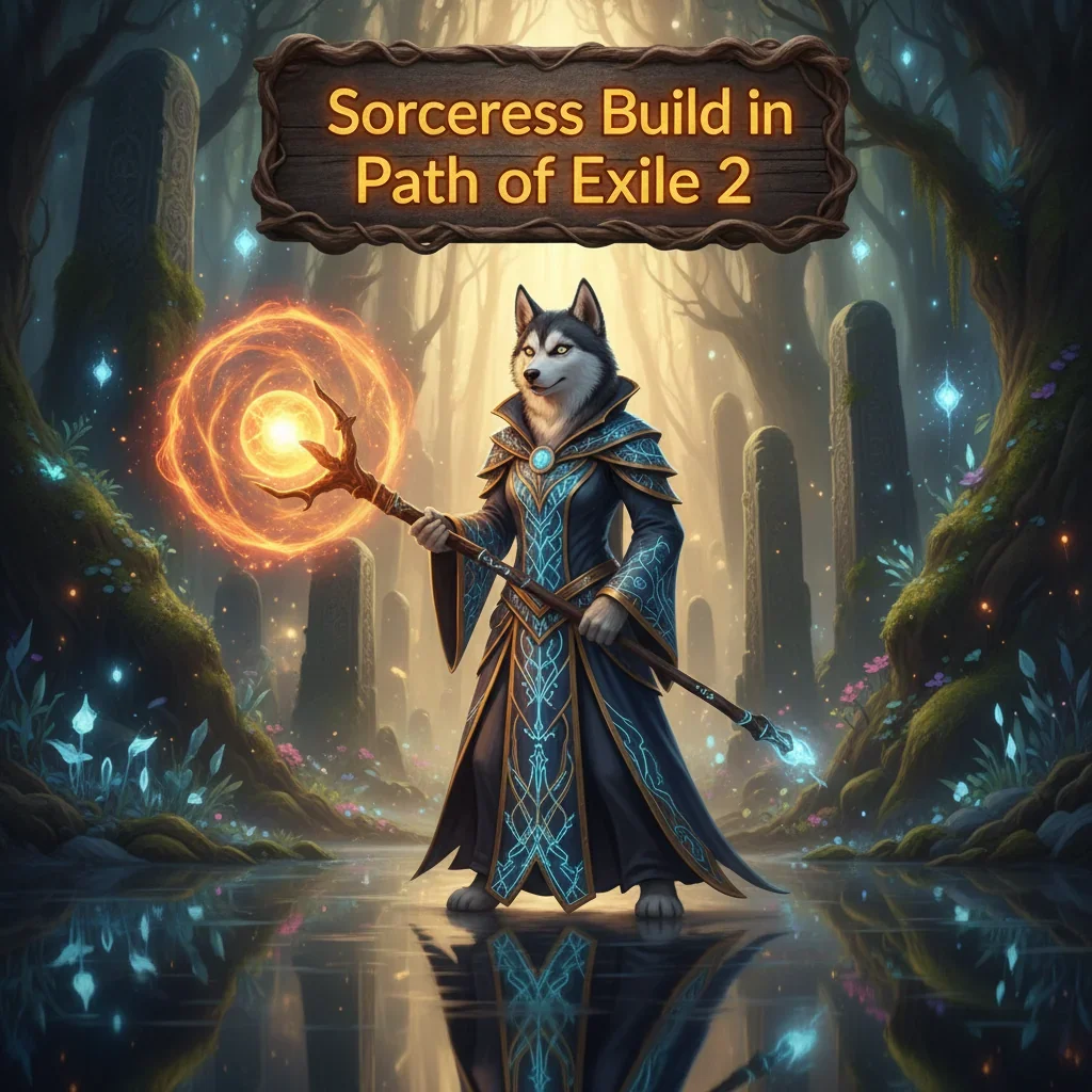 Anthropomorphic Husky character in intricate fantasy robes, representing Sorceress build progression content in Path of Exile 2, set against a magical background.