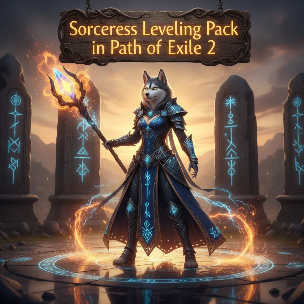 An anthropomorphic Husky character in magical robes, representing a Sorceress Leveling Pack Boost in Path of Exile 2, set in a fantasy game world.
