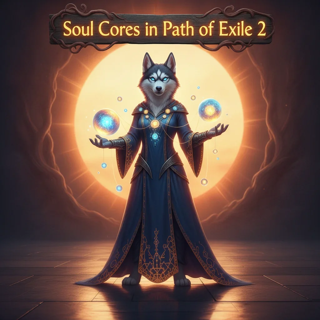 An anthropomorphic Husky character in fantasy armor, against a dark, mystical backdrop, representing Soul Cores enhancement in Path of Exile 2.