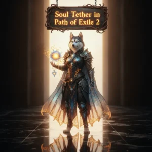 A fantasy artwork inspired by Soul Tether mechanics in Path of Exile 2, featuring an anthropomorphic Husky character in dark fantasy attire, surrounded by mystical energy effects and ethereal chains in a grim, otherworldly environment.
