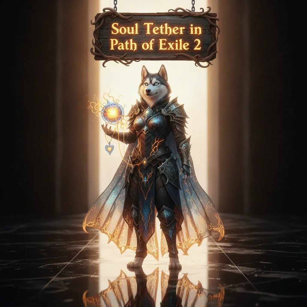 A fantasy artwork inspired by Soul Tether mechanics in Path of Exile 2, featuring an anthropomorphic Husky character in dark fantasy attire, surrounded by mystical energy effects and ethereal chains in a grim, otherworldly environment.
