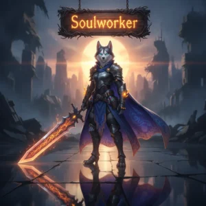 A Husky character in fantasy attire, representing Soulworker boosting services and game content.