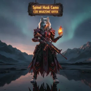 A fantasy game-inspired artwork featuring an anthropomorphic husky character in a themed environment, related to COD Warzone camo objectives.