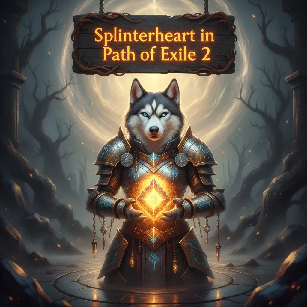 An anthropomorphic husky character in detailed fantasy attire, set in a mystical environment, represents Path of Exile 2's Splinterheart content and its enhancement objectives.