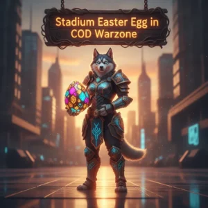 An anthropomorphic Husky character, in a fantasy game-themed stadium setting, representing the search for a Call of Duty Warzone Easter egg challenge.