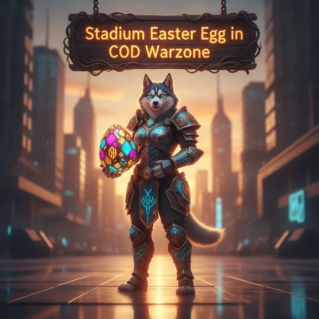 An anthropomorphic Husky character, in a fantasy game-themed stadium setting, representing the search for a Call of Duty Warzone Easter egg challenge.